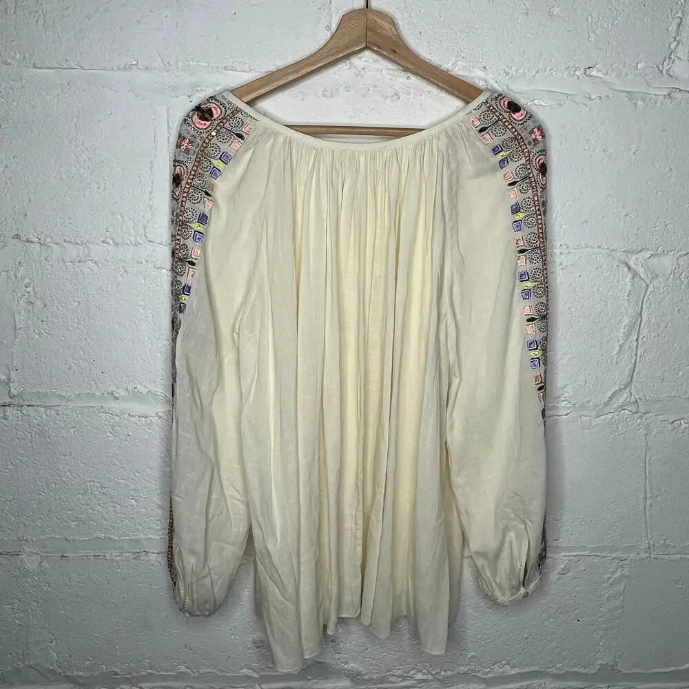 Tory‎ Burch Luna Gauzy Cream Embroidered Peasant Blouse Scoop Neck Size Medium